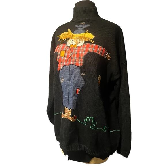 Vtg Black Chunky Knit Fall 3D Scarecrow Halloween Relaxed Turtleneck Sweater M - Picture 1 of 6